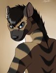  (artist) black_markings blue_eyes brown_fur fur hair hyena icon keikittora looking_at_viewer looking_back male mammal markings nude rags solo stripes 