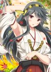  armpits autumn_leaves bare_shoulders black_hair detached_sleeves hair_ornament hairband hairclip haruna_(kantai_collection) headgear ichikawa_feesu japanese_clothes kantai_collection long_hair looking_at_viewer nontraditional_miko open_mouth red_eyes ribbon-trimmed_sleeves ribbon_trim smile solo 
