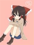  alternate_costume blush bow brown_eyes brown_hair contemporary hair_bow hair_tubes hakurei_reimu long_hair ribbon shorts sitting smile solo touhou tsuno_no_hito 