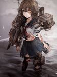  bad_id bad_pixiv_id blood brown_hair bruise burnt cannon furutaka_(kantai_collection) heterochromia highres injury isaaki kantai_collection looking_at_viewer neckerchief school_uniform serafuku short_hair skirt solo torn_clothes yellow_eyes 