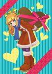  bent_over blonde_hair blue_eyes blush boots buttons capcom chocolate coat fringe_trim full_body fur_trim gloves hair_ornament hair_ribbon heart holding kin_niku leaning_forward long_hair looking_at_viewer looking_to_the_side pantyhose patterned patterned_background ponytail red_coat ribbon rockman rockman_(classic) roll scarf sidelocks smile solo valentine 