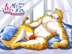  anthro bed biceps bulge chest_tuft chubby eyebrows feline fur kemono looking_at_viewer lying male mammal musclegut muscles navel pecs pink_nose pubes solo speedo swimsuit tiger topless tuft unknown_artist 