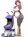  baby cellphone chris_(mario) closed_eyes highres original pantyhose phone pregnant short_hair shorts simple_background stroller text_focus translated white_background 