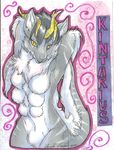  breasts female fur grey_fur horn nude smile solo touchofsnow traditional_media unknown_species white_fur yellow_eyes 