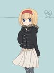  alice_margatroid alternate_costume blonde_hair blue_eyes coat contemporary hairband hand_on_own_chest pantyhose polka_dot polka_dot_legwear short_hair skirt smile solo touhou tsuno_no_hito winter_clothes 