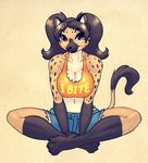  big_breasts black_hair black_lips black_nose breasts claws cleavage clothed clothing cutoffs denim_shorts ear_piercing female green_eyes hair hyena jenna_kutu long_hair looking_at_viewer mammal markings nitro paws piercing pigtails shorts sitting smile socks_(marking) solo spots spotted_hyena toe_claws 