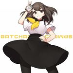  black_eyes black_hair gatchaman_crowds grin hand_on_hip high-waist_skirt hitoto ichinose_hajime long_hair looking_at_viewer pantyhose school_uniform skirt smile solo v 