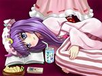  bad_id bad_pixiv_id bendy_straw blush_stickers book bowl can cirno crescent crescent_hair_ornament dress drinking_straw fetal_position hair_ornament hands_on_own_knees hat long_hair lying mob_cap on_floor on_side open_book open_mouth patchouli_knowledge purple_background purple_eyes purple_hair remilia_scarlet robe snack soda_can solo_focus striped striped_dress tonakai_(bunsuka) touhou 