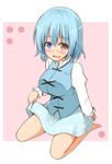  barefoot blue_eyes blue_hair blush breasts garasuita heterochromia kneeling large_breasts long_sleeves open_mouth red_eyes short_hair skirt skirt_lift smile solo tatara_kogasa touhou 