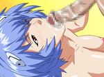  1girl areolae ayanami_rei blue_hair blush breasts censored cum cum_in_mouth fellatio large_breasts looking_up neon_genesis_evangelion nipples oral penis red_eyes short_hair simple_background sweat yabusame 