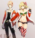  1girl bell bell_collar black_gloves blonde_hair bow bra breasts christmas cleavage coat collar diagonal_stripes fingerless_gloves gloves god_eater god_eater_2:_rage_burst hair_bow holly jewelry leaf_bikini long_hair looking_at_viewer medium_breasts multicolored multicolored_nails nail_polish navel open_mouth pendant player_(god_eater_2) purple_eyes santa_costume short_hair smile striped striped_bow striped_legwear thighhighs tsujisaki_(coa3) underwear 