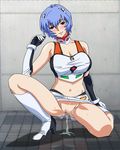  1girl ayanami_rei bare_shoulders blue_hair blush boots breasts censored cleavage cum cum_in_pussy cumdrip elbow_gloves gloves large_breasts legs looking_at_viewer midriff navel neon_genesis_evangelion no_panties pussy red_eyes short_hair skirt smile squatting sweat thigh_boots thighhighs thighs yabusame 