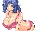  blue_eyes blue_hair blush bra breasts cleavage gundam gundam_build_fighters hand_on_own_chest highres iori_rinko large_breasts lingerie long_hair looking_at_viewer mature one_eye_closed open_mouth panties ponytail sankakusui solo underwear underwear_only 