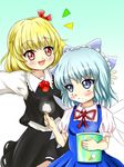  bad_id bad_pixiv_id blonde_hair blue_eyes blue_hair blush_stickers bow cirno dress fang food food_on_face frown gradient gradient_background hair_bow hair_ribbon ice_cream ice_cream_on_face looking_at_another looking_away multiple_girls open_mouth outstretched_arms puffy_short_sleeves puffy_sleeves red_eyes ribbon rumia short_hair short_sleeves simple_background skirt skirt_set spread_arms tonakai_(bunsuka) touhou wings 
