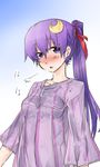  airis alternate_hairstyle blush breasts crescent crescent_hair_ornament hair_ornament hair_ribbon medium_breasts night_clothes no_hat no_headwear patchouli_knowledge ponytail purple_eyes purple_hair purple_shirt red_ribbon ribbon shirt solo sweat touhou 