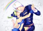  1girl blue_eyes blue_hair blush cloud dancing double_bun fur_hat green_hair hat jojo_no_kimyou_na_bouken kuujou_jolyne rain rainbow shiron_(shiro_n) weather_report 