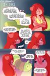  clubstripes comic dialog female grumpy hair jam miu plushie red_hair snaggletooth text 