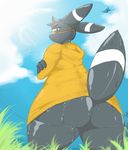  anthro anthrofied bun_snn butt canine clothed clothing cloud crossed_arms eeveelution eyelashes eyewear female fur glasses grass half-dressed hi_res light looking_at_viewer looking_back looking_down mammal nintendo orange_eyes plant pok&#233;mon pok&eacute;mon presenting presenting_hindquarters sky solo standing sunlight sweat sweater umbreon video_games 