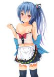  alternate_hairstyle black_legwear blue_hair flat_chest frills hinanawi_tenshi looking_at_viewer navel nipples no_bra no_hat no_headwear ouka_(ra-raradan) ponytail red_eyes skirt solo strap_pull thighhighs touhou 