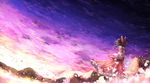  bare_shoulders bow brown_hair cloud detached_sleeves dress hair_bow hakurei_reimu highres long_sleeves mountain petals ponytail purple_sky red_dress risutaru solo star_(sky) sunset touhou twilight wide_sleeves wind 