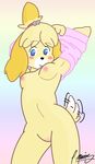  anthro breasts canine clothing dog female isabelle_(animal_crossing) looking_at_viewer mammal nintendo pgm-m plain_background smile solo source_request standing tailwag undressing unknown_artist unknown_artist_signature video_games 