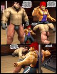  3d abs bear beard biceps black_hair braford comic dialog duo facial_hair feline hair justin_(braford) lion male mammal muscles pecs pole red_hair sarge_(braford) text thong wrestling 