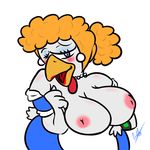  avian big_breasts bird blush breasts cedg chicken ear_piercing female hair hen inverted_nipples jewelry lipstick looking_at_viewer necklace nipples old orange_hair pearls piercing solo undressing vector 