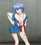  1girl ayanami_rei blue_hair breasts cleavage hand_on_hip large_breasts legs looking_at_viewer neon_genesis_evangelion open_clothes open_shirt red_eyes school_uniform shirt short_hair skirt smile solo standing thighs yabusame 