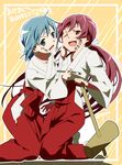  2girls :d ;d akeome blue_eyes blue_hair body_writing face_painting hakama happy_new_year japanese_clothes long_hair mahou_shoujo_madoka_magica mesushirindaa miki_sayaka miko multiple_girls new_year one_eye_closed open_mouth ponytail red_eyes red_hair red_hakama sakura_kyouko short_hair smile 