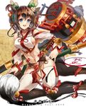  bamboo bare_shoulders bell blue_eyes breasts brown_hair calligraphy_brush choker hammer happy_new_year himuro_(dobu_no_hotori) kadomatsu looking_at_viewer md5_mismatch new_year original paintbrush ribbon short_hair sideboob smile solo stamp sword thighhighs weapon white_legwear 