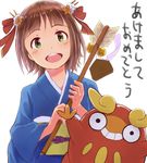  :d amami_haruka bad_id bad_pixiv_id bow brown_hair darumaka gen_5_pokemon green_eyes hair_bow idolmaster idolmaster_(classic) japanese_clothes k@ito90p new_year open_mouth pokemon pokemon_(creature) smile 