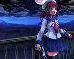  angel_beats! green_eyes gun moon moonknives nakamura_yuri night possible_duplicate purple_hair seifuku short_hair thighhighs weapon zettai_ryouiki 