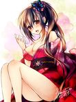  2014 :d alcohol black_hair blush breasts brown_hair cleavage japanese_clothes kimono large_breasts off_shoulder open_mouth original sake signature sitting smile solo sorai_shin'ya 