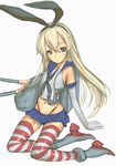  bad_id bad_pixiv_id bare_shoulders blonde_hair blue_eyes dodai_shouji elbow_gloves flat_chest gloves kantai_collection long_hair rensouhou-chan school_uniform serafuku shimakaze_(kantai_collection) simple_background solo striped striped_legwear thighhighs white_background 