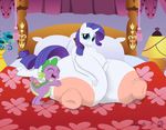  2014 absurd_res anjuneko anthro anthrofied bed big_breasts blue_eyes breasts dragon duo equine eyes_closed female friendship_is_magic fur hair hi_res horn horse huge_breasts hyper hyper_breasts inside long_hair lying male mammal my_little_pony nipples on_front open_mouth pillow pony purple_hair signature spike_(mlp) straight unicorn white_fur 
