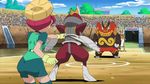  2girls animated animated_gif ass ass_shake bel_(pokemon) bisharp emboar gloves langley_(pokemon) lowres miniskirt multiple_girls pokemon pokemon_(anime) red_hair skirt thighhighs 