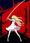  absurdres bakemonogatari barefoot blonde_hair dress flat_chest highres huge_weapon johan_(johan13) katana kokorowatari long_hair long_legs monogatari_(series) orange_eyes oshino_shinobu slit_pupils solo sword weapon white_dress 