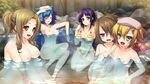  5girls amagai_yukino areolae bikini blonde_hair blue_hair braid breasts brown_hair cleavage eyes_closed flat_chest game_cg green_eyes haga_neko highres large_breasts legs long_hair looking_at_viewer medium_breasts multiple_girls navel nipples nude onsen open_mouth ponytail purple_eyes purple_hair red_eyes short_hair sitting small_breasts smile swimsuit thighs towel tsuyokiss_next_shokaiban water 