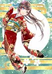  blue_eyes brown_hair floral_print flower hair_flower hair_ornament japanese_clothes kimono long_hair looking_at_viewer mikuni_(mikunik) obi original sash sayagata smile solo wide_sleeves 