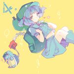 animalization backpack bag blue_hair boots dual_persona green_eyes hair_bobbles hair_ornament hat hillly_(maiwetea) hopeless_masquerade kawashiro_nitori kawashiro_nitori_(turtle) rubber_boots skirt skirt_set smile star touhou turtle two_side_up 