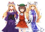 3girls :d animal_ear_fluff animal_ears bangs blonde_hair bow bowtie breasts brown_eyes brown_hair cat_ears cat_tail chen choker cleavage collarbone commentary_request corset dress e.o. eyebrows_visible_through_hair feet_out_of_frame fox_tail frilled_shirt_collar frilled_sleeves frills green_hat hair_between_eyes hair_bow hand_on_hip hat hat_ribbon highres juliet_sleeves large_breasts long_hair long_sleeves looking_at_viewer multiple_girls multiple_tails nekomata open_mouth petticoat pillow_hat puffy_sleeves red_bow red_choker red_eyes red_ribbon red_skirt red_vest ribbon ribbon_choker shirt sidelocks simple_background skirt skirt_set smile standing tabard tail touhou two_tails very_long_hair vest white_background white_bow white_dress white_hat white_neckwear white_shirt wide_sleeves yakumo_ran yakumo_yukari yellow_eyes 