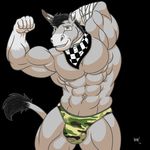  abs anthro bandage bandanna biceps big_muscles black_fur black_hair bulge camo donkey equine flexing fur grey_fur grin hair kenailykos male mammal muscles orange_eyes pecs pose scar smile solo speedo standing swimsuit teeth toned topless 