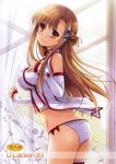  absurdres ass asuna_(sao) bangs braid breast_suppress breasts brown_eyes brown_hair cover cover_page detached_sleeves doujin_cover french_braid garters hair_ornament highres large_breasts leaning_forward long_hair looking_at_viewer nakajima_yuka no_pants panties parted_bangs scan sleeves_past_wrists smile solo sword_art_online underwear white_panties 