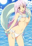  1girl :o absurdres bare_shoulders bikini_bottom blue_sky blush breasts camisole cleavage cloud contrapposto detexted highres july koutaro long_hair mound_of_venus navel nipples ocean open_mouth pink_eyes pink_hair scan shiny shiny_skin shirt_lift sky solo sun towel underboob very_long_hair wading 