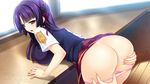  1girl amagai_yukino ass ass_grab bent_over blush breasts censored game_cg highres huge_breasts legs long_hair looking_back panties panty_pull purple_eyes purple_hair pussy school_uniform skirt skirt_lift spread_ass thighs tsuyokiss_next_shokaiban underwear 