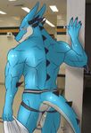  anthro back biceps big_muscles blue_dragon blue_skin blush butt claws dragon fangs grey_skin grin hentist horn jockstrap looking_at_viewer looking_back male muscles pose reptile ryuga_takagi scales scalie shower smile solo spikes standing teeth toned topless towel underwear yellow_eyes 