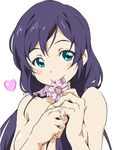  blush breasts face green_eyes heart large_breasts long_hair love_live! love_live!_school_idol_project low_twintails purple_hair simple_background smile solo topless toujou_nozomi twintails umanosuke white_background 