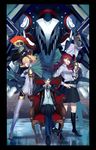  2girls aegis_(persona) android ass blonde_hair blue_eyes blue_hair cape chair digital_media_player hair_over_one_eye headphones highres hullabaloo kirijou_mitsuru long_hair multiple_girls palladion penthesilea persona persona_3 rapier red_eyes red_hair ribbon robot_joints school_uniform short_hair sitting skirt smile sword thanatos weapon yuuki_makoto 