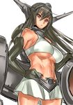  bad_id bad_pixiv_id bare_shoulders black_legwear breasts brown_hair dodai_shouji elbow_gloves gloves hand_on_hip kantai_collection large_breasts long_hair nagato_(kantai_collection) red_eyes skirt solo toned underboob 
