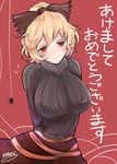  akeome bad_id bad_pixiv_id blonde_hair bow breasts bug hair_bow hair_ribbon happy_new_year kurodani_yamame large_breasts new_year ponytail red_eyes ribbed_sweater ribbon short_hair skirt smile solo spider sweater teko text_focus touhou 